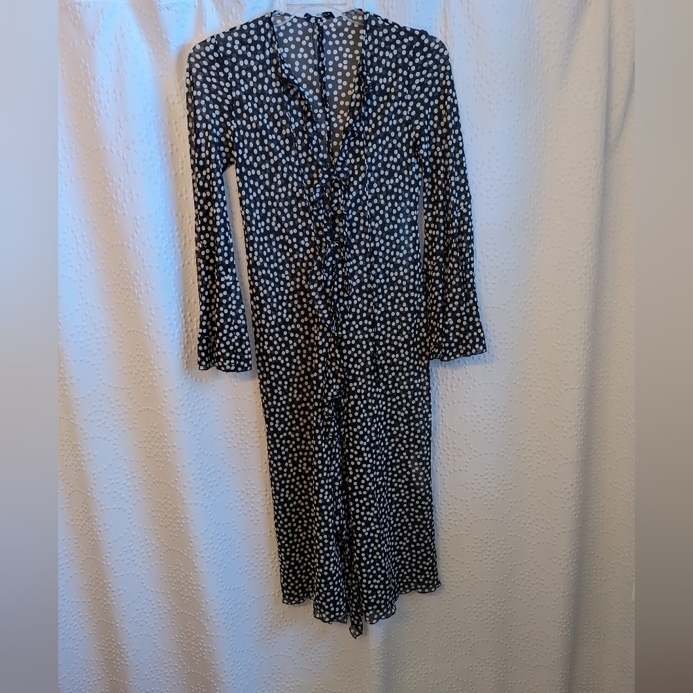 NWT Zara Black and White Polkadot Mesh Front Tie Ruffle‎ Coverup Duster Dress S